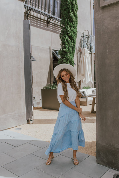THE SUMMER TIERED MAXI SKIRT IN SKY BLUE