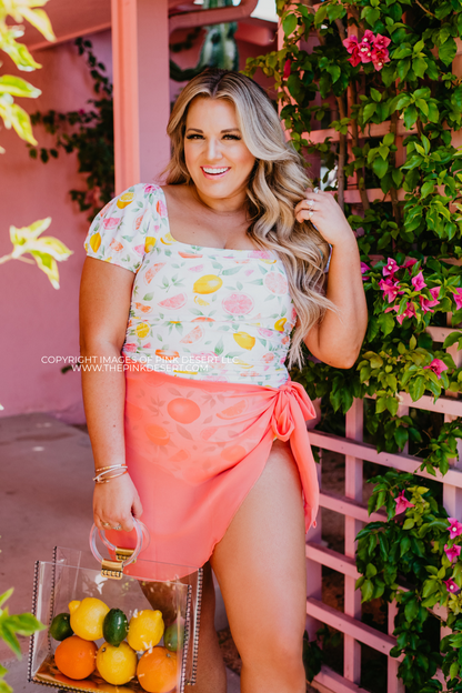 PUFF SLEEVE ONE PIECE IN CITRUS PRINT BY SASSY RED LIPSTICK X PINK DESERT