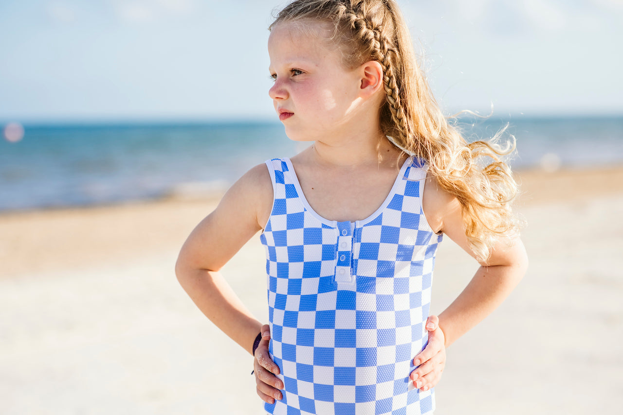 GIRLS BUTTON FRONT ONE PIECE IN BLUE CHECKER BY PINK DESERT