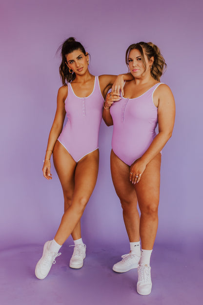 BUTTON FRONT ONE PIECE IN RIBBED LAVENDER BY PINK DESERT