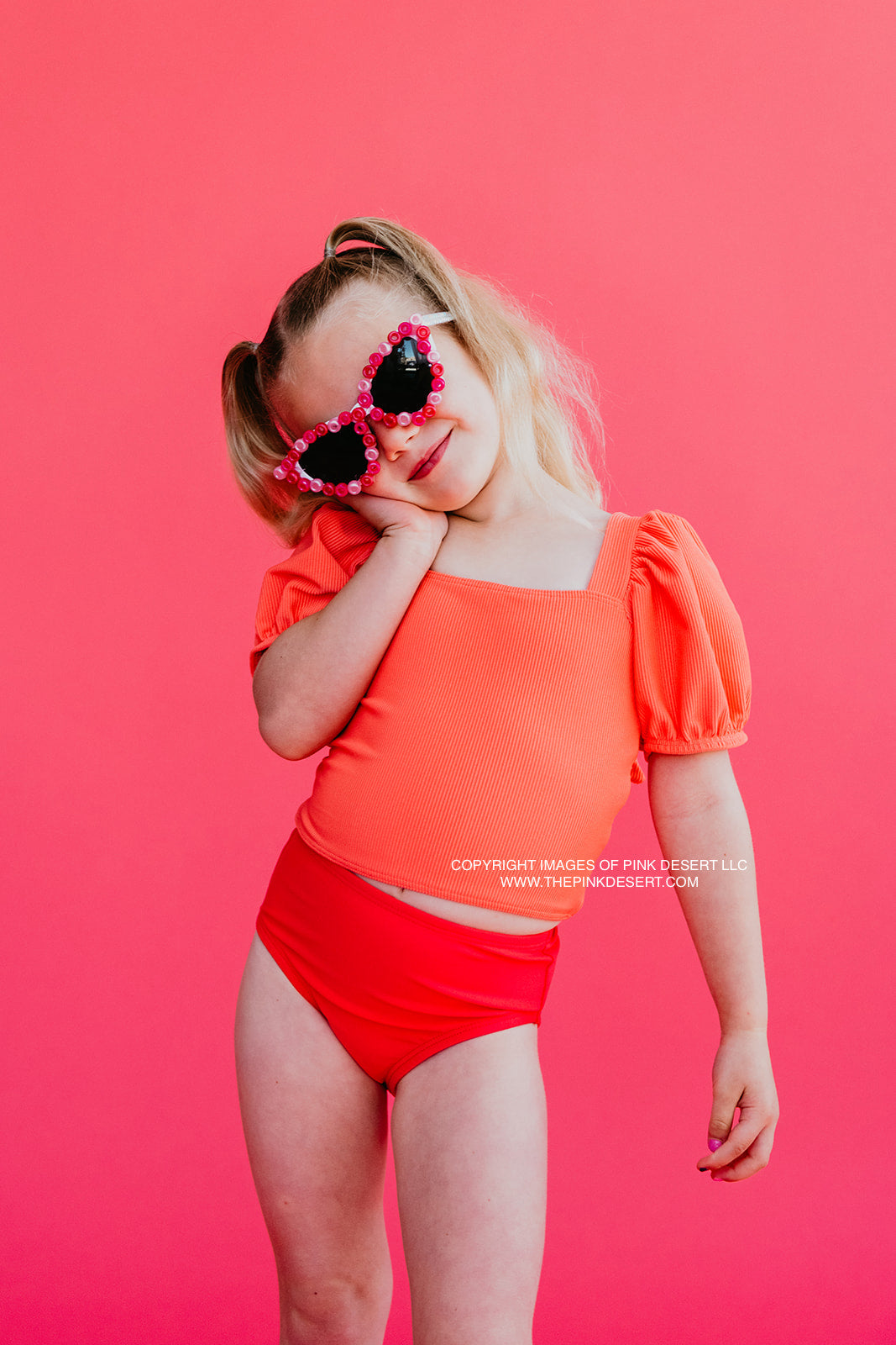 GIRLS PUFF SLEEVE SWIM TOP IN RIBBED PEACHBERRY BY PINK DESERT