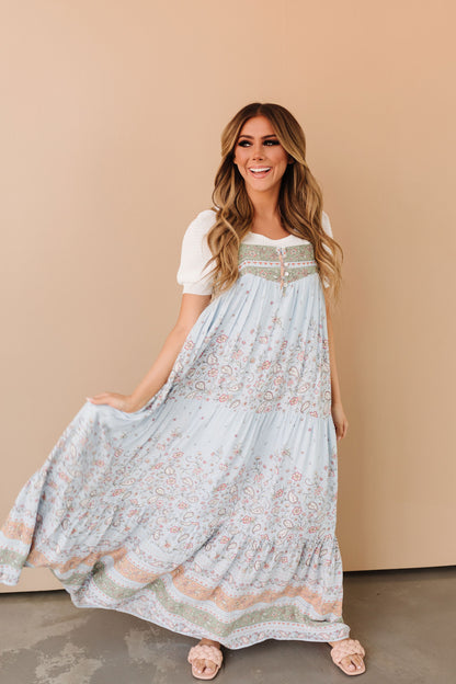 THE FLOWER CHILD TIERED MAXI DRESS IN POWDER BLUE
