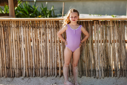GIRLS BUTTON FRONT ONE PIECE IN RIBBED LAVENDER BY PINK DESERT