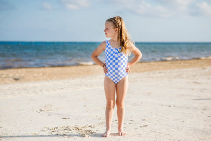 GIRLS BUTTON FRONT ONE PIECE IN BLUE CHECKER BY PINK DESERT