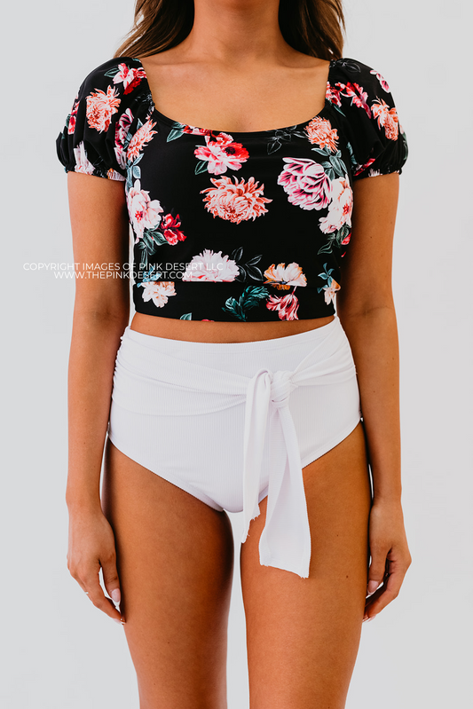 HIGH WAIST TIE FRONT SWIM BOTTOMS IN RIBBED WHITE BY PINK DESERT