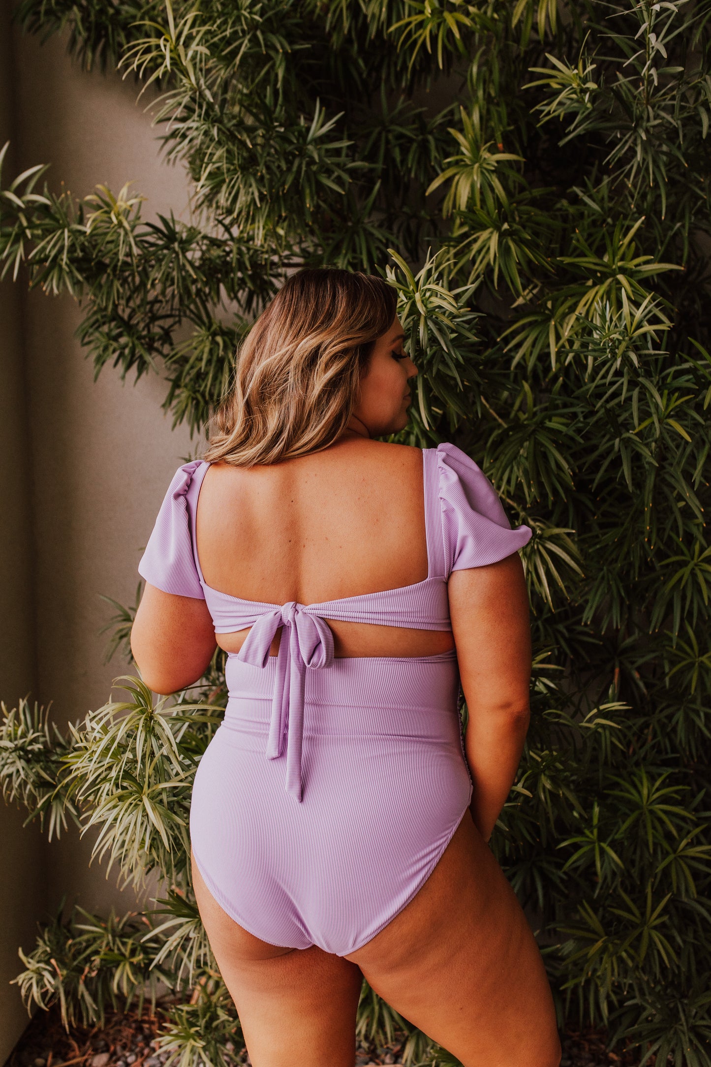 PUFF SLEEVE ONE PIECE IN RIBBED LAVENDER BY PINK DESERT
